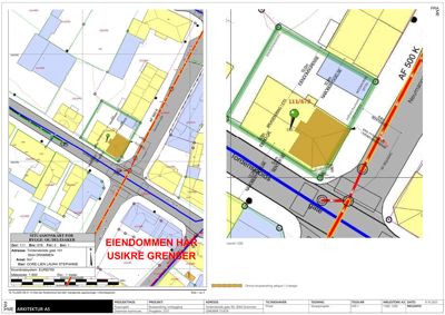 Situasjonskart som viser eiendomsgrenser, veier og naboeiendommer.