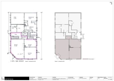 Bildet viser et etasjeplan (1. ETG. SOM EKSIST.) med romfordeling, mål og en tilhørende snittegning.