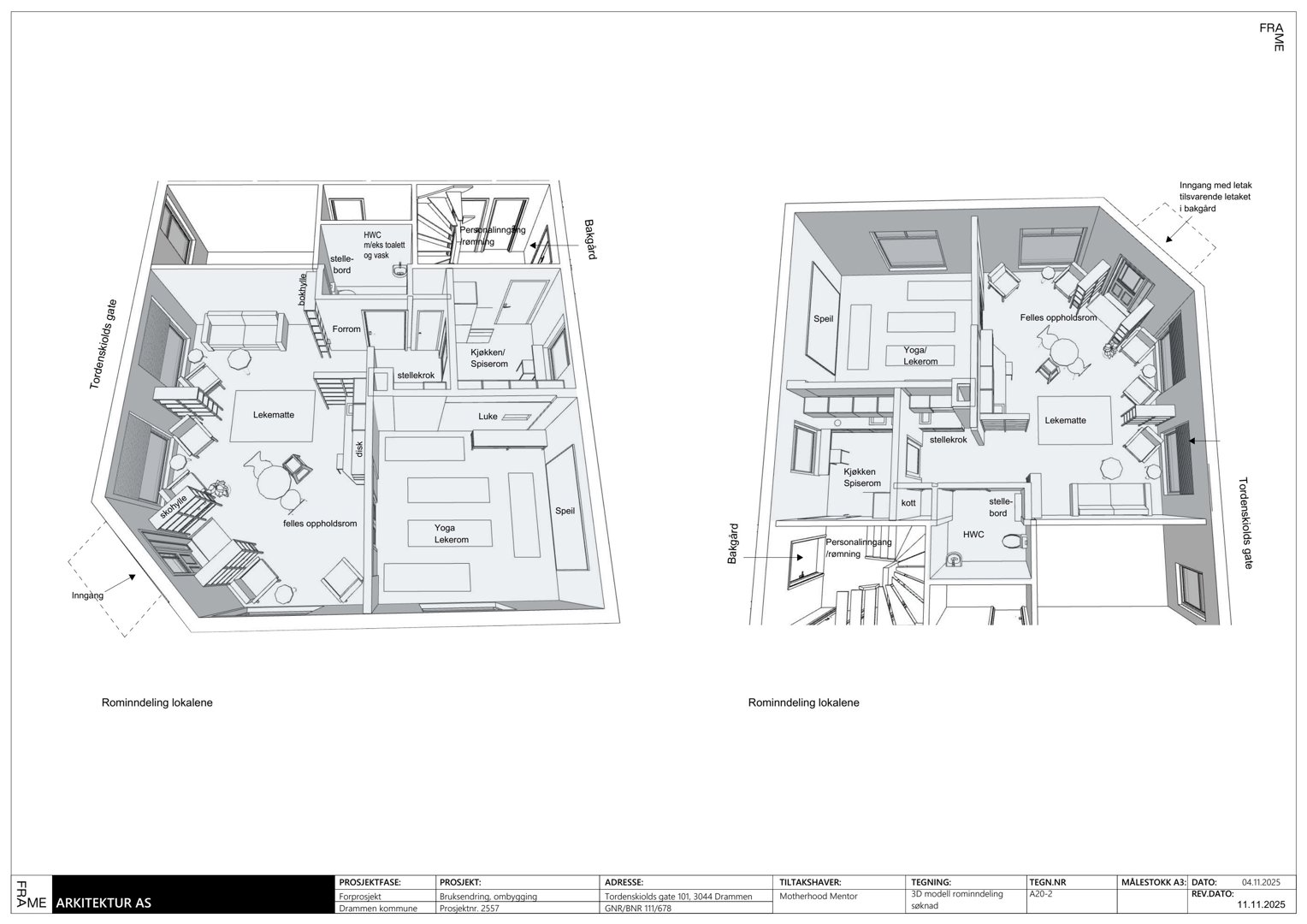 3D-visualisering av romfordeling i et bygg, med innredning og møbler.