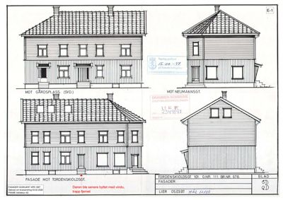 Fasadetegning som viser bygningens utseende fra flere vinkler (mot gårdsplass og mot Neumannsgt.).