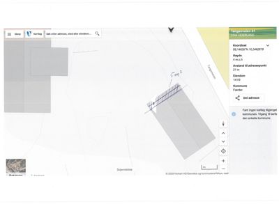 Kartvisning fra et digitalt kartsystem (Norskart) som viser eiendomsgrenser, koordinater og eiendomsdata for Tangerveien 41.
