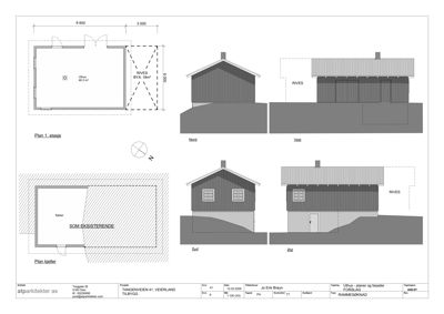 Fasadetegning som viser bygningens utsyn fra fire sider (Nord, Vest, Sør, Øst) med angivelse av hva som rives og hva som er forslag.
