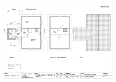 Etasjeplaner for et tilbygg og eksisterende bygning, inkludert takplan og arealoppsummering.