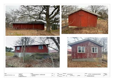 Fotografier av en eksisterende rød skur eller uthus på tomten.