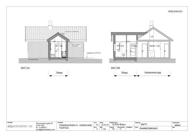 Snittegning (SNITT AA og SNITT BB) som viser tverrsnitt gjennom en bygning med en tilbygg.