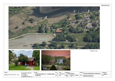 Et sammensatt bilde (collage) som viser et luftfoto av eiendom og to foton av eksisterende hus.