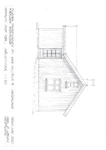 Oppriss (fasadetegning) av en bygning med vinduer og takform, tegnet i 1:50 skala.
