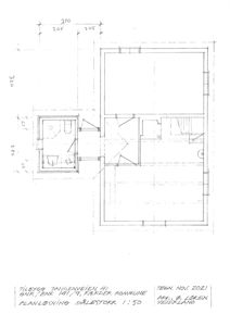 Plantegning (planløsning) for etasje med romfordeling, dører, vinduer og mål. Teksten bekrefter at det er en planløsning.
