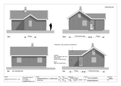 Fasadetegning som viser bygningens utseende fra alle fire sider (Vest, Nord, Øst, Syd) med detaljer om tak, fasadematerialer og vinduer.