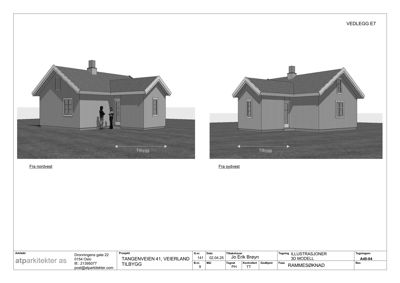 3D-visualisering (rendering) av en husfasade sett fra to ulike vinkler (fra nordvest og fra sydvest).