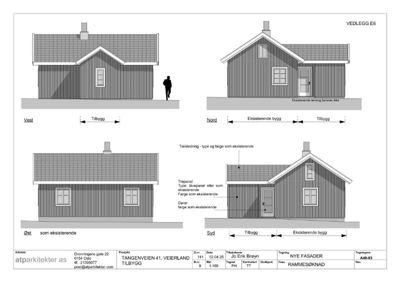 Fasadetegning som viser bygningens utseende fra alle fire sider (Vest, Nord, Øst, Syd) med detaljer om tak, fasadematerialer og vinduer.