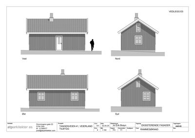 Fasadetegning som viser bygningens utsyn fra fire sider (Vest, Nord, Øst, Syd).