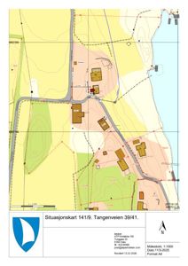 Situasjonskart som viser tomtens beliggenhet, nabolag, veier, høydeforhold og bygningers plassering.