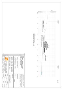 Tegning som viser et tverrsnitt (snitt) gjennom bygningen sett fra siden, med angivelse av terrengprofil og høyder.
