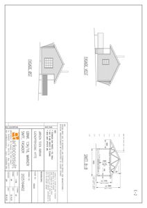 Tegning som viser fasadeoppsett for en hytte sett fra øst og vest, inkludert snitt B-B.