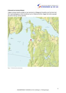 Kart som viser eiendommens plassering i forhold til omgivelsene (fjell, vann, veier).