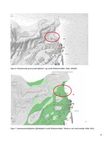 Bildet viser to kart som illustrerer geologiske forhold (grunnundersøkelser og løsmasse) i et område, med en markert tomteplass.