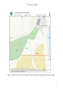 Et kartutsnitt (kartsnitt) som viser tomtedeler, terrengformasjon og avstander til sjø.
