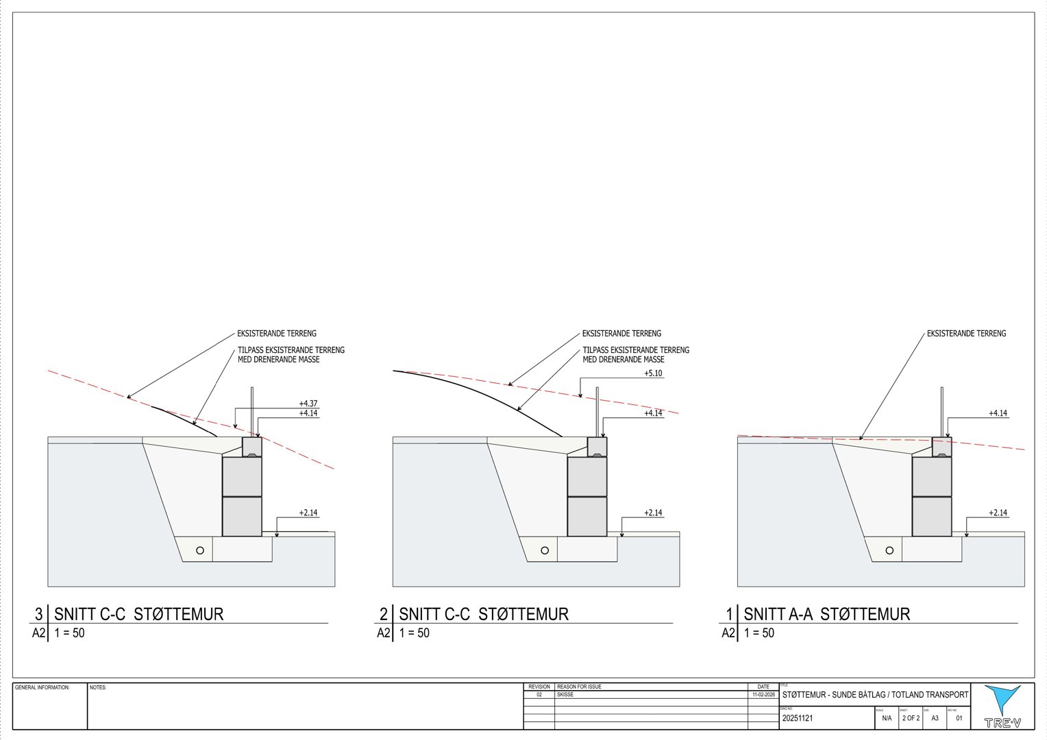 Snittegning av støttemurer med angivelse av nivåer og forhold til eksisterende terreng.