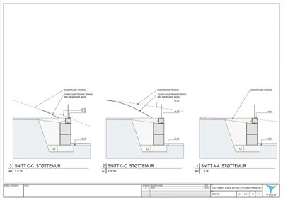 Snittegning av støttemurer med angivelse av nivåer og forhold til eksisterende terreng.