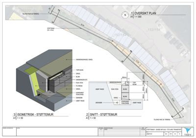 Tegning som viser detaljert oppriss og snitt av en støttemur med mål og konstruksjonsdetaljer.