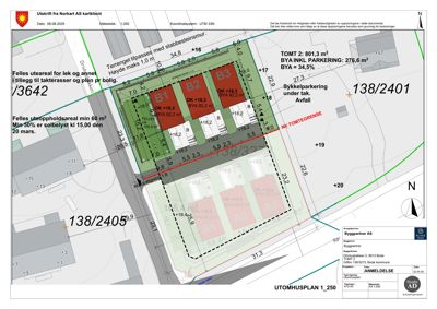 Situasjonsplan som viser tomtens grenser, nabotomter (138/2401 og 138/2405), planlagt bebyggelse (B1-B3, A1-A3), parkeringsarealer, høydemål (+16, +17 osv.), tomtegrense og utmuthusplan.