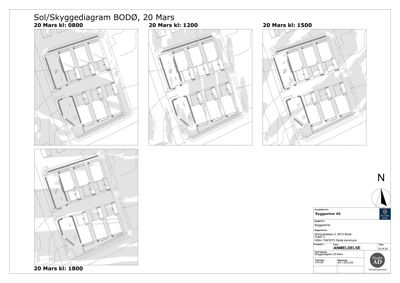 Sol- og skyggediagram som viser solnedslag og skygger for bygningen på ulike tidspunkt (0800, 1200, 1500, 1800) på 20. mars.