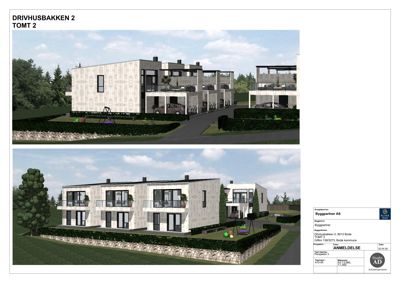 3D-visualisering av et boligprosjekt (DRIVHUSBAKKEN 2, TOMT 2) med to perspektivvisninger.
