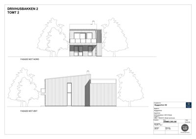Fasadetegning som viser bygningens utsyn mot nord og øst.