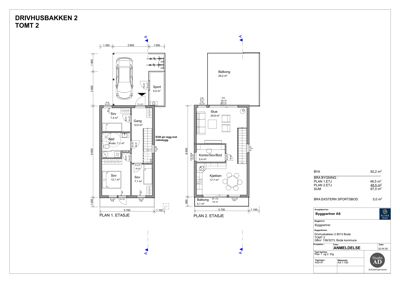 Etasjeplaner (PLAN 1 og PLAN 2) for en bolig med romfordeling, mål og arealoppsummering.