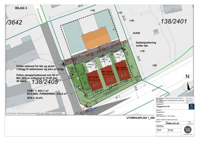Situasjonsplan (tomteplan) som viser bygningenes plassering i forhold til nabotomter, veier og avgrensninger.