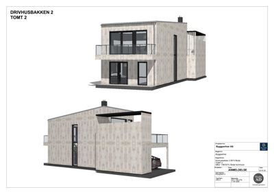 3D-visualisering av en toetasjes bolig sett fra ulike vinkler (perspektivtegning).