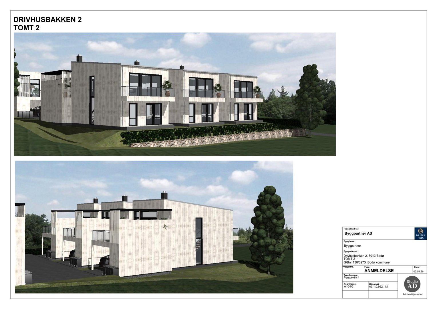 3D-visualisering (rendering) av en toetasjes boligblokk sett fra ulike vinkler.