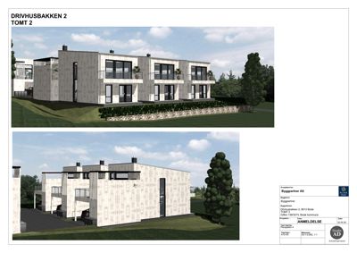 3D-visualisering (rendering) av en toetasjes boligblokk sett fra ulike vinkler.