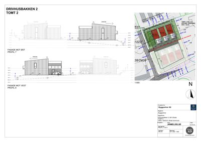 Situasjonsplan som viser tomtens plassering, bygningers beliggenhet, veier og parkeringsareal.