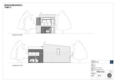 Fasadetegning som viser bygningens utseende fra to sider (sør og vest) med omgivelsene.