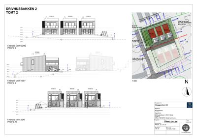 Fasadetegning som viser bygningens utseende fra nord, vest og sørøst, samt en situasjonsplan for tomten.