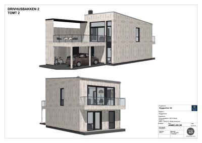 3D-visualisering av et moderne hus sett fra to ulike vinkler (perspektiv og bakside).