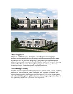 3D-visualisering av tre boliger med tekstbeskrivelse av plassering og arkitektonisk vurdering.