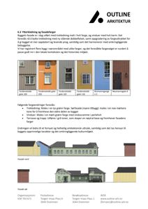 Bildet viser en dokumentasjonsside fra en byggesak som inneholder tekst om fargevalg, flere små fotografier av eksisterende fasader, samt to illustrasjoner av fasader (nord og sør).