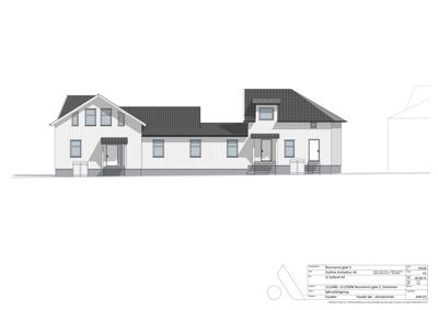 Fasadetegning av en bolig med tak og vindusoppsett