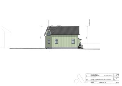 Fasadetegning av en bolig med mål og detaljer for tak og vegger.