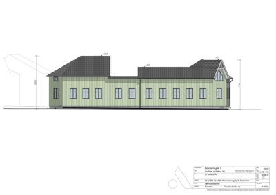 Fasadetegning som viser bygningens utseende sett fra nord, med høydeangivelser.