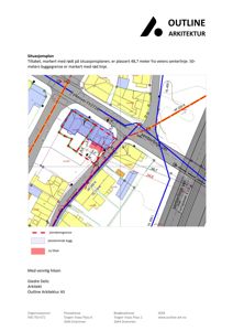 Situasjonsplan som viser bygningens plassering i forhold til veier og eiendomsgrenser.