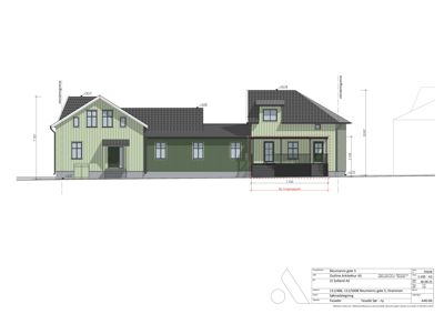 Fasadetegning som viser bygningens utseende sett fra sør med mål og detaljer.