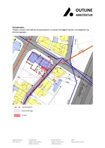 Situasjonsplan som viser eiendomsgrenser, eksisterende bygg og planlagt tiltak i forhold til veier og naboeiendommer.