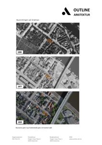 Bildet viser en serie historiske flyfoto (fra 1939, 1977 og 2025) som illustrerer byutviklingen på Strømsø. Det er et kartmateriale som viser endringer i bygningsmassen over tid.