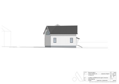 Fasadetegning av en bolig sett fra vest, med tegningstittel 'Fasade Vest - eksisterende'.