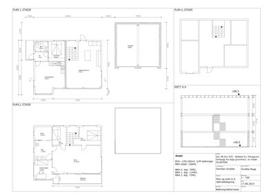 Bildet viser etasjeplaner (PLAN 1, PLAN 2, PLAN U) og et snitt (SNITT A-A) for en bolig, med romnavn, mål og arealoppgivelser.