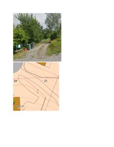 Bildet viser en kombinasjon av et fotografi av en sti og en digital kartvisning (topografisk kart) med høydekurver og punkter.